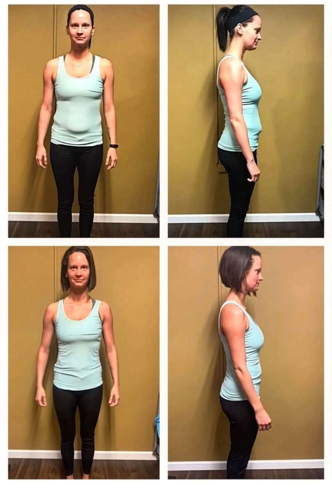 A person is shown in four photos with variations in posture. In both sets, they stand in a light blue tank top and black pants, facing frontally and in profile. Differences are notable in muscle tone and posture between the two sets.