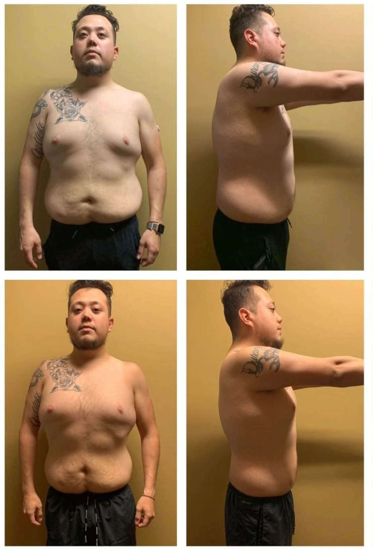 Two before-and-after photos of a man without a shirt, displaying changes in physique. Top pair shows front and side views before, and bottom pair shows similar views after. The man has tattoos on his arm and chest, with noticeable difference in body shape.