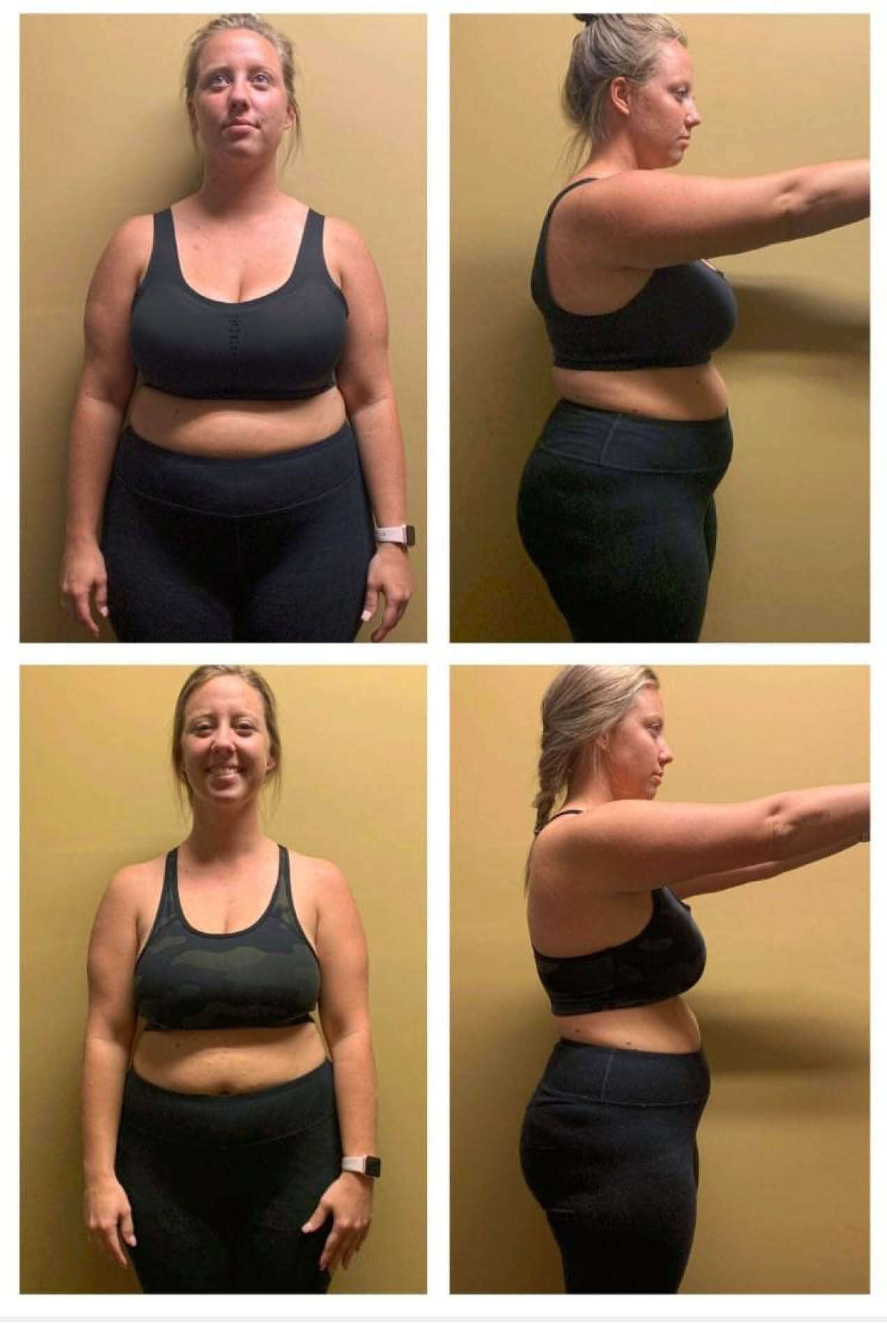 A woman is shown in a side-by-side comparison of before and after images. She is wearing a black sports bra and leggings, posing front and side views. The lighting emphasizes changes in body shape and posture.
