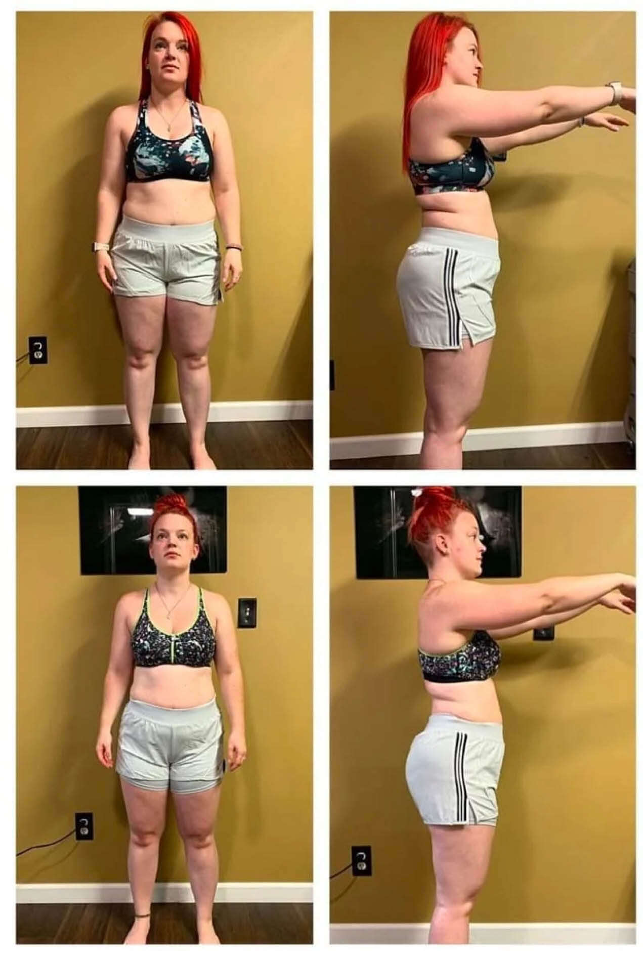 Four photos of a person with red hair in a sports bra and shorts standing in front of a yellow wall. Two front views and two side views are shown, with the person holding their arms out in the side views.