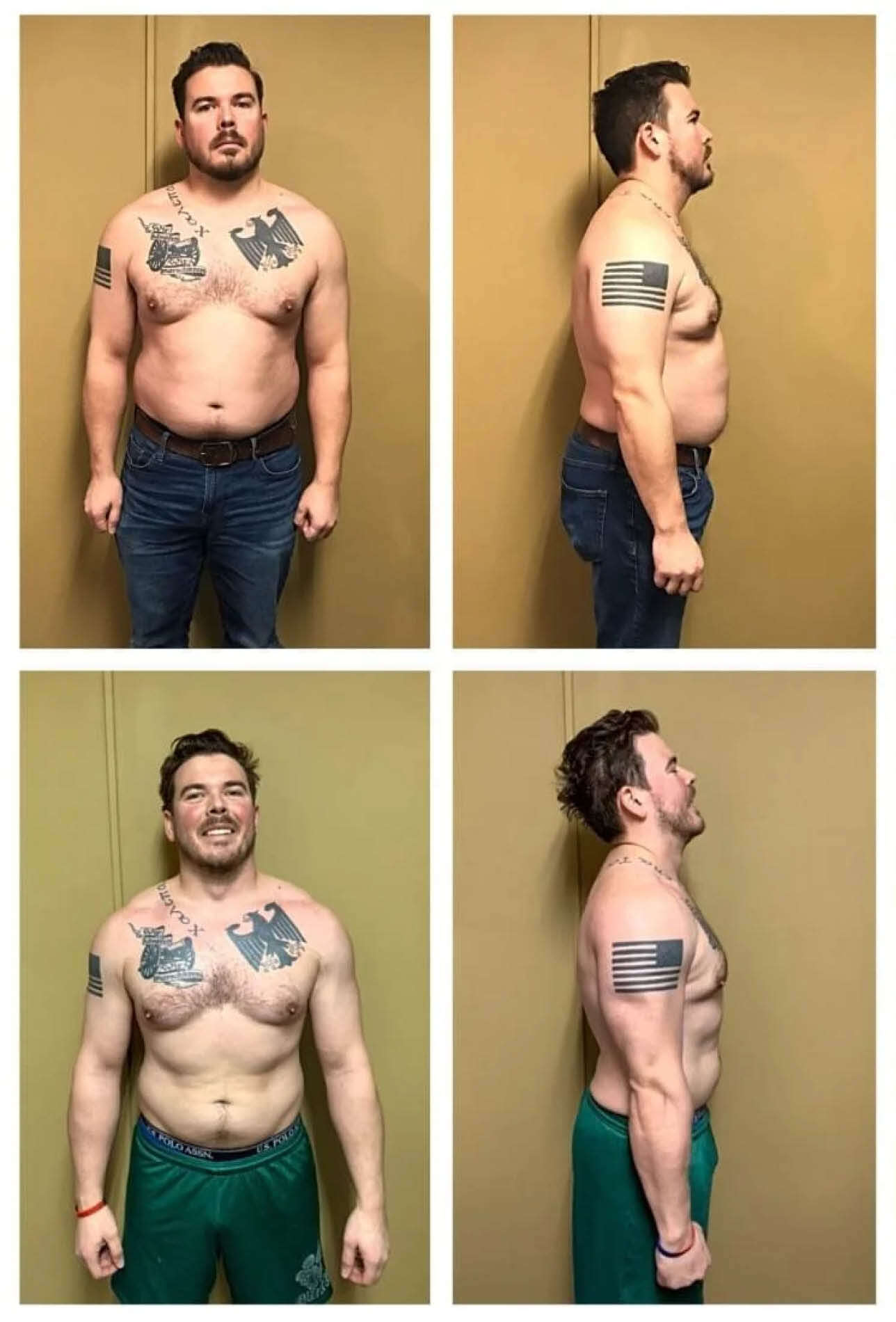 A man is shown in two before-and-after sets of photos. In both, he stands shirtless with shorts, first facing forward and then in profile. The after photos show a noticeable change in muscle tone and posture.