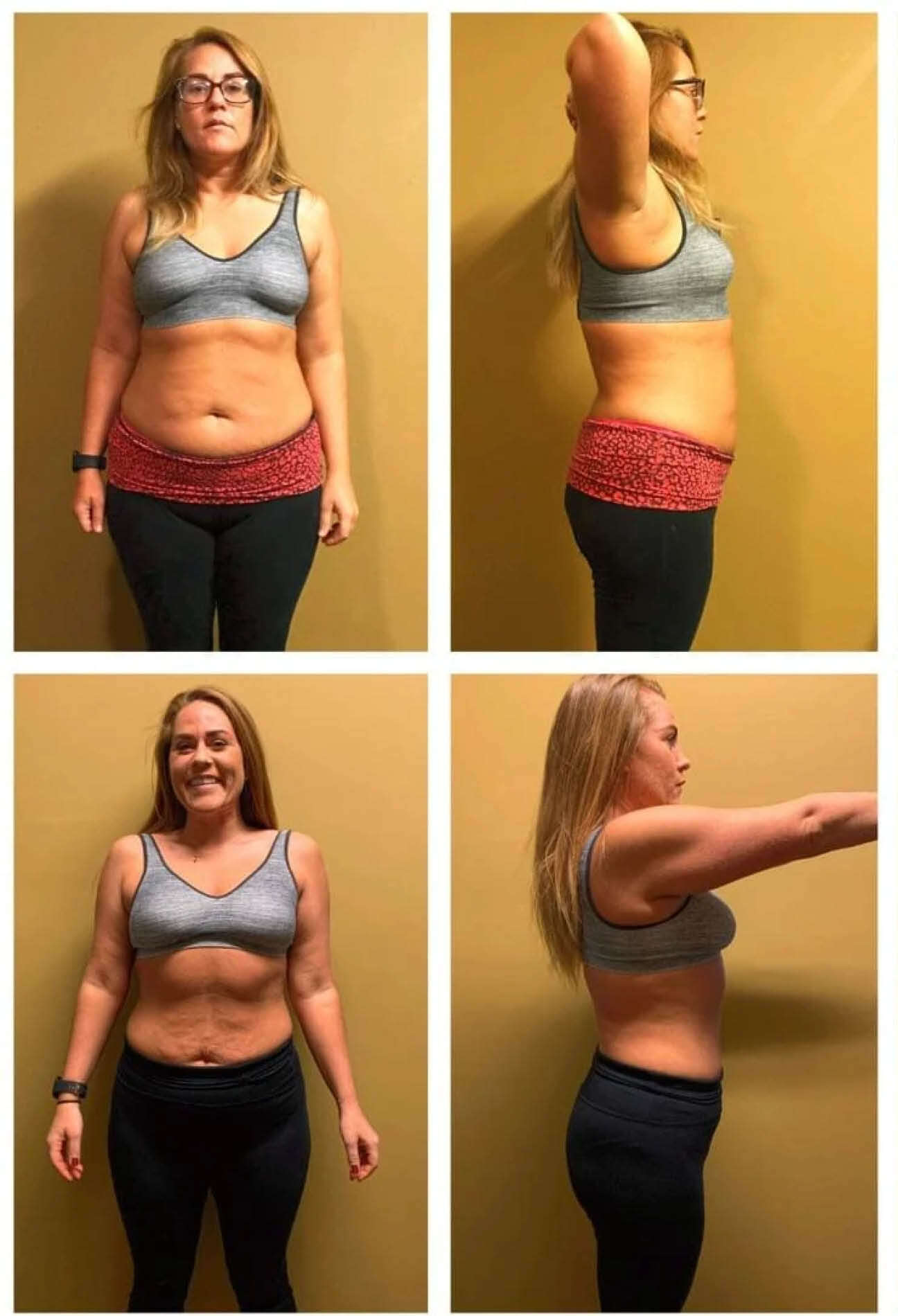 A collage of two before-and-after images shows a woman standing against a plain background. In the top images, she has a fuller stomach, while in the bottom images, she appears leaner and more toned. She is wearing a gray sports bra and leggings in both.