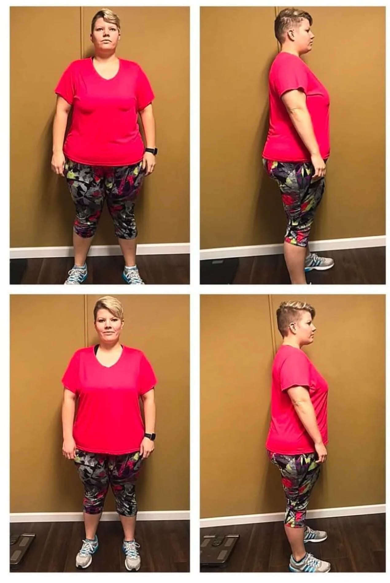 A person stands in front of a brown wall, wearing a bright pink shirt, floral leggings, and blue sneakers. The image shows front and side views, with two similar photos displayed in a grid.